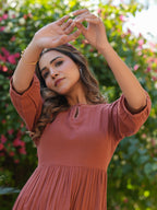 Janasya Dark Cotton Solid Gathered Dress | Grocsy
