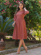 Janasya Dark Cotton Solid Gathered Dress | Grocsy