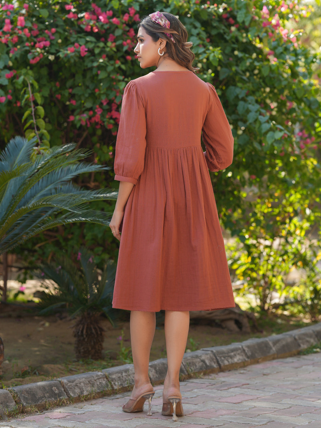 Janasya Dark Cotton Solid Gathered Dress | Grocsy