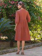 Janasya Dark Cotton Solid Gathered Dress | Grocsy