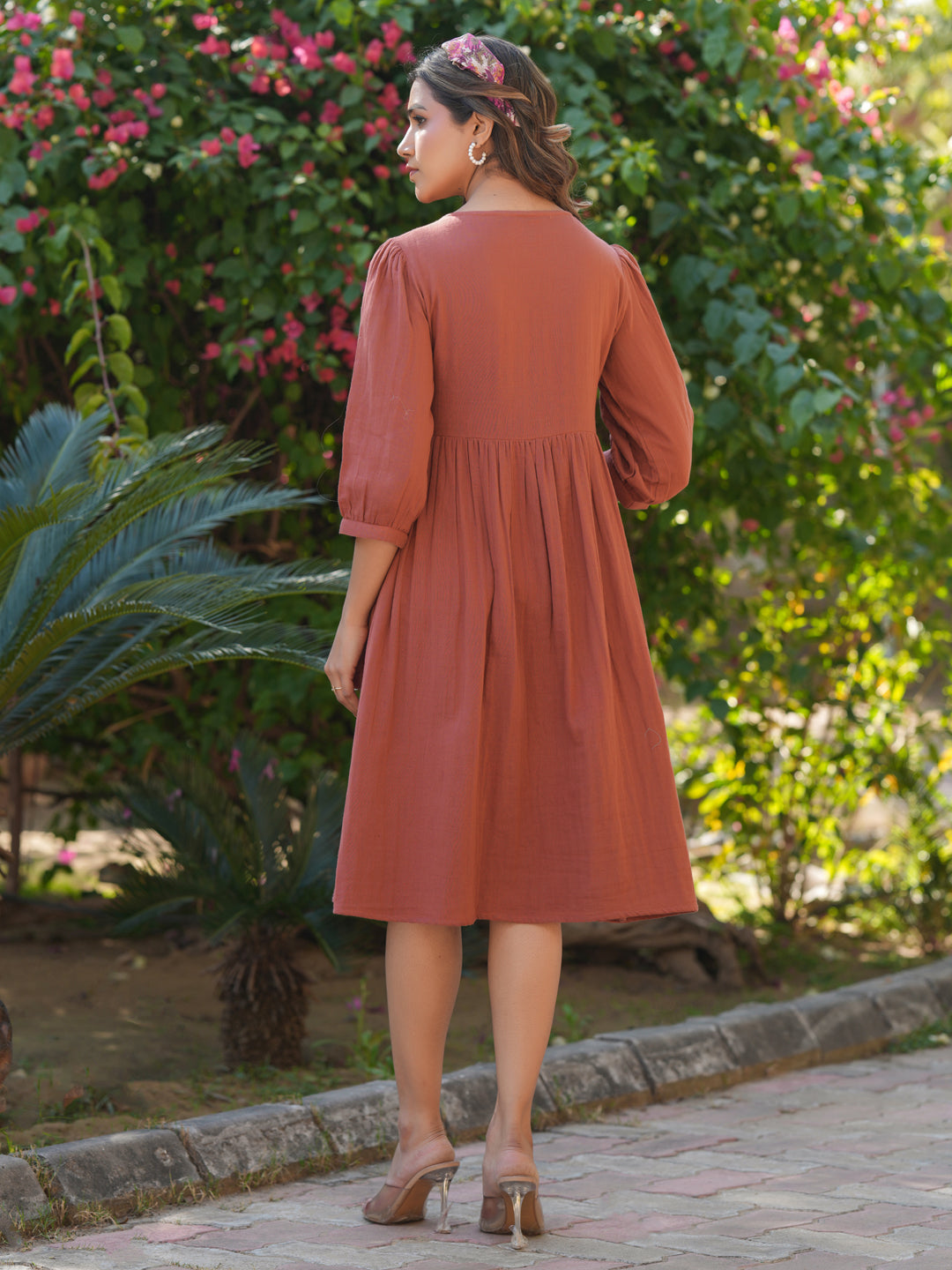 Janasya Dark Cotton Solid Gathered Dress | Grocsy