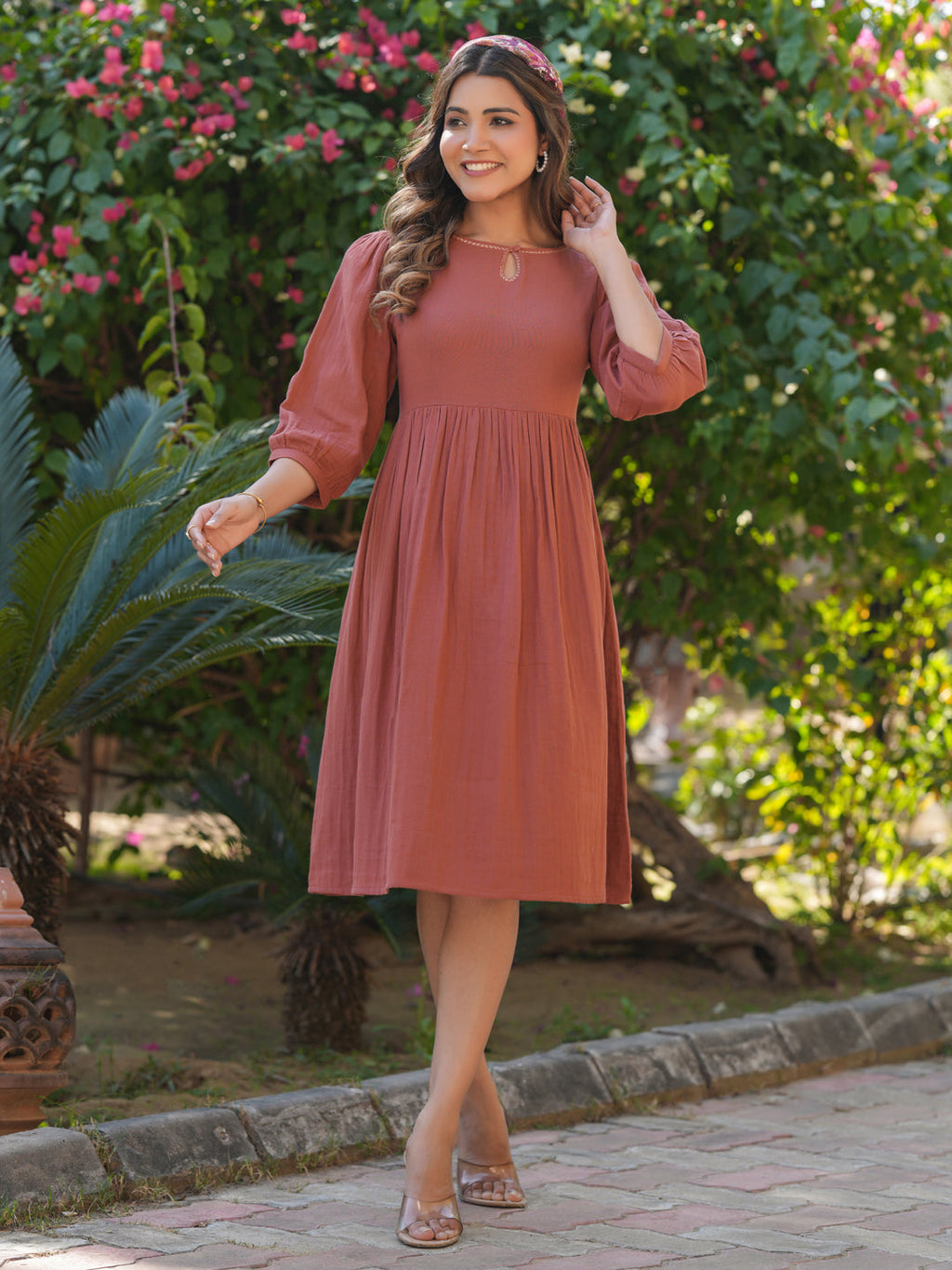 Janasya Dark Cotton Solid Gathered Dress | Grocsy