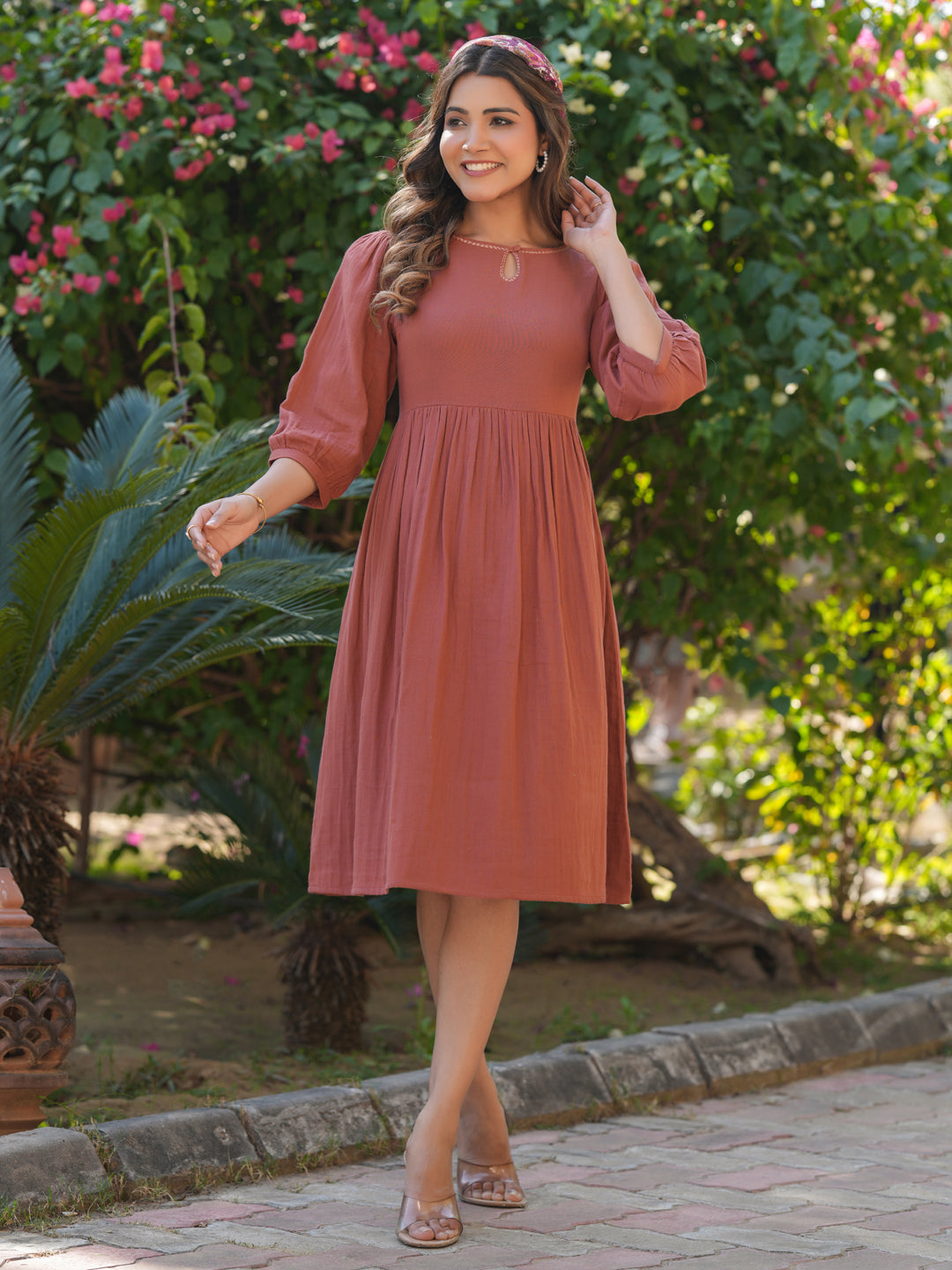 Janasya Dark Cotton Solid Gathered Dress | Grocsy