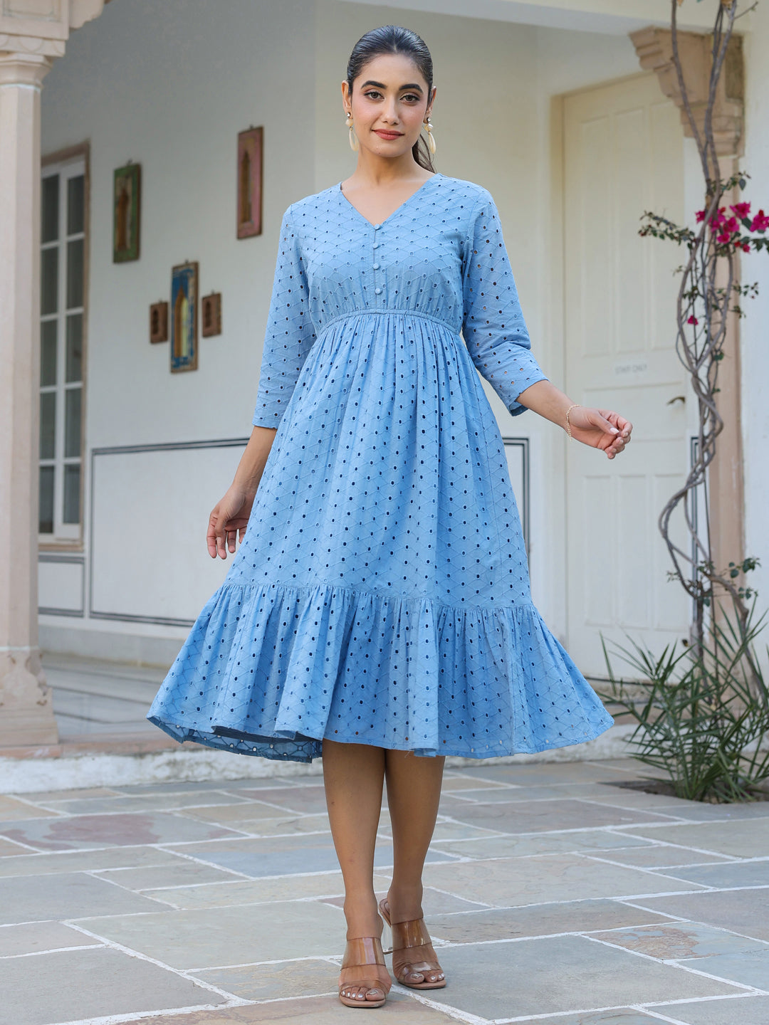 Janasya Light Cotton Schiffli Fit & Flare Dress | Grocsy