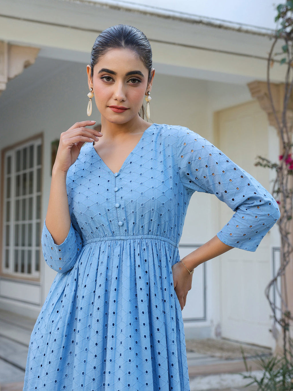 Janasya Light Cotton Schiffli Fit & Flare Dress | Grocsy