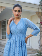 Janasya Light Cotton Schiffli Fit & Flare Dress | Grocsy