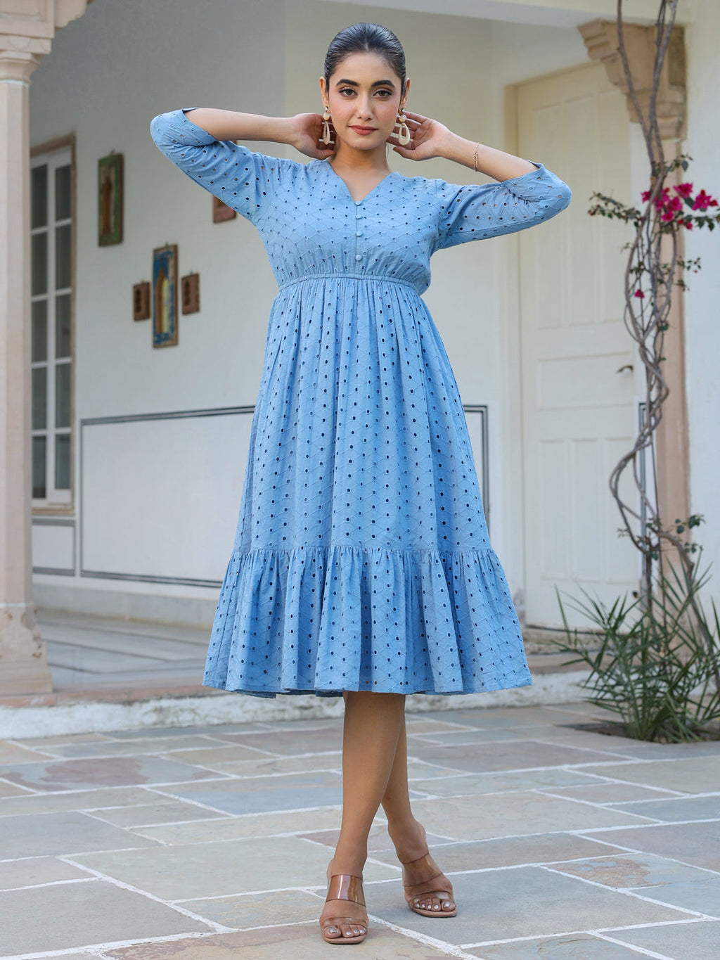 Janasya Light Cotton Schiffli Fit & Flare Dress | Grocsy