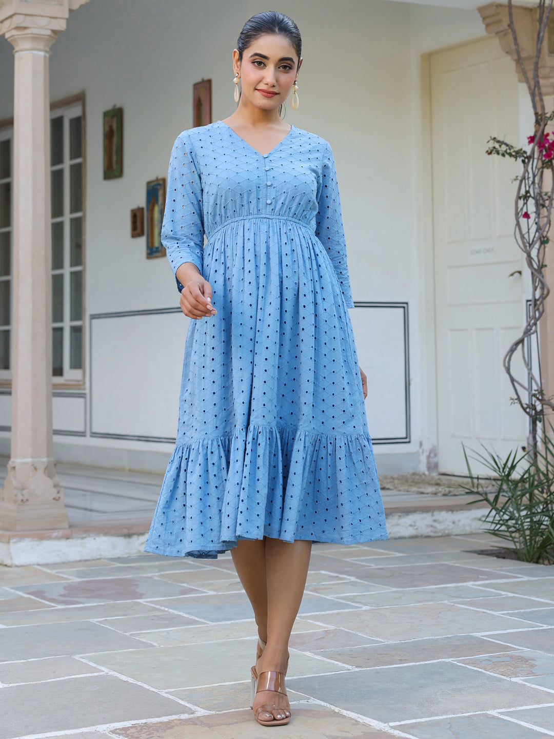 Janasya Light Cotton Schiffli Fit & Flare Dress | Grocsy