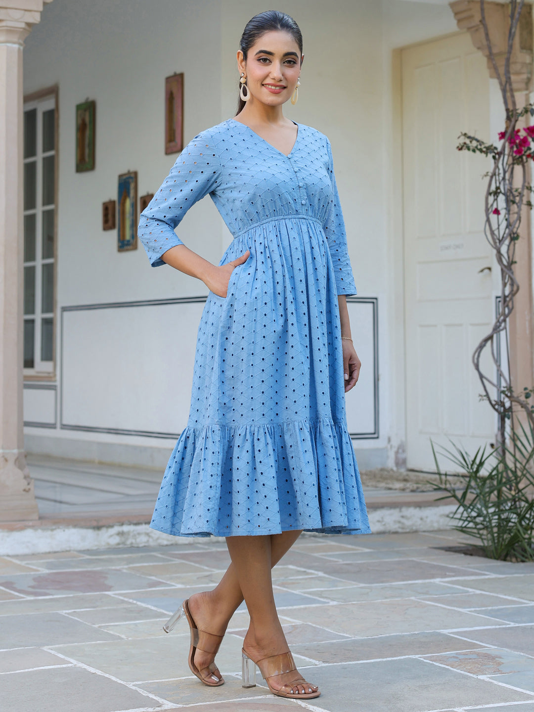Janasya Light Cotton Schiffli Fit & Flare Dress | Grocsy