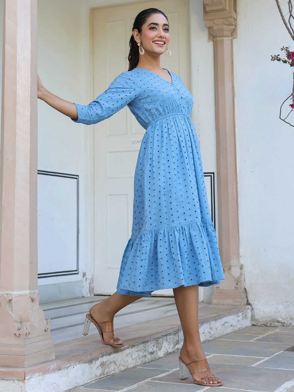 Janasya Light Cotton Schiffli Fit & Flare Dress | Grocsy