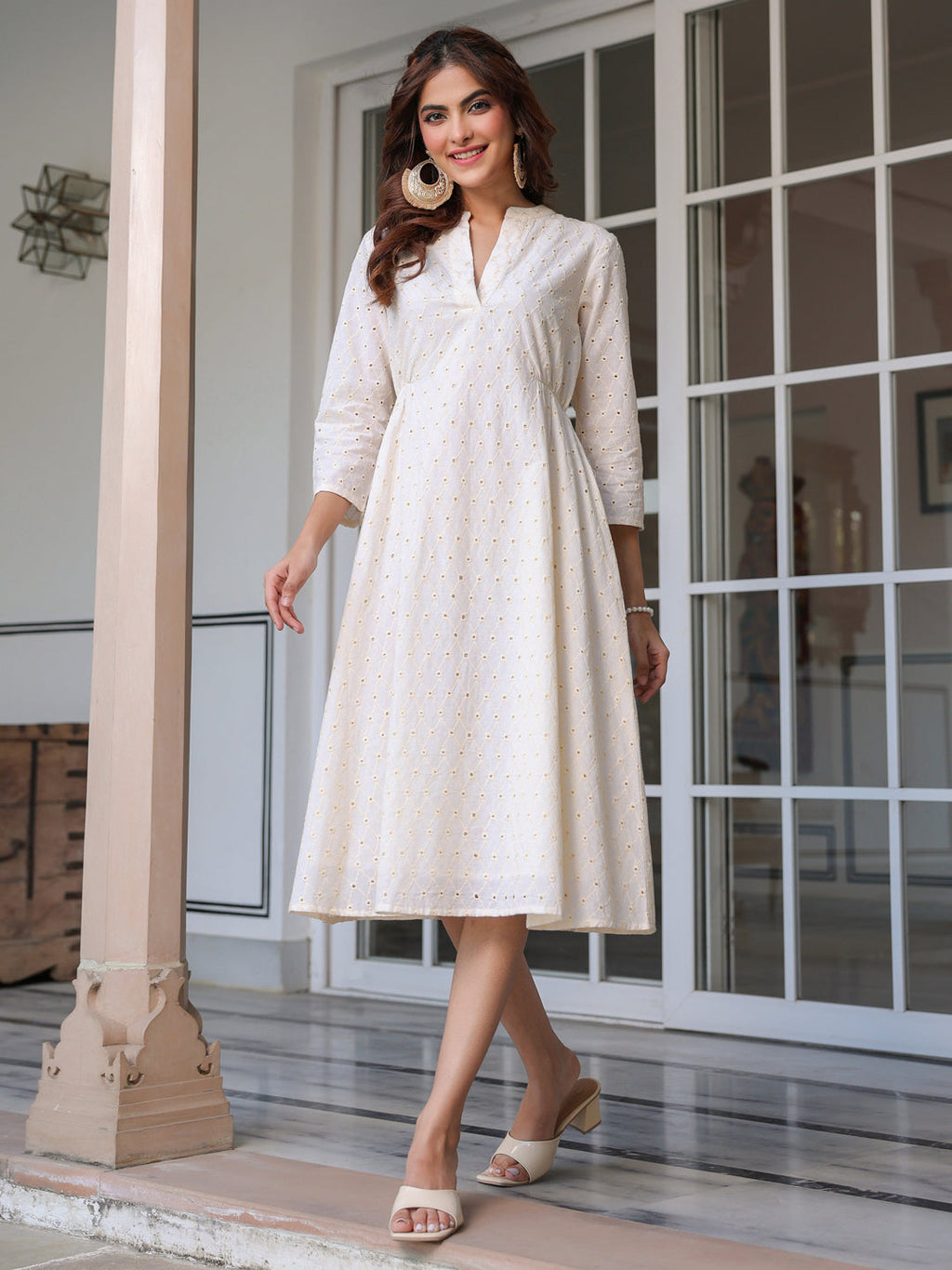 Janasya Light Cotton Schiffli A-Line Dress | Grocsy