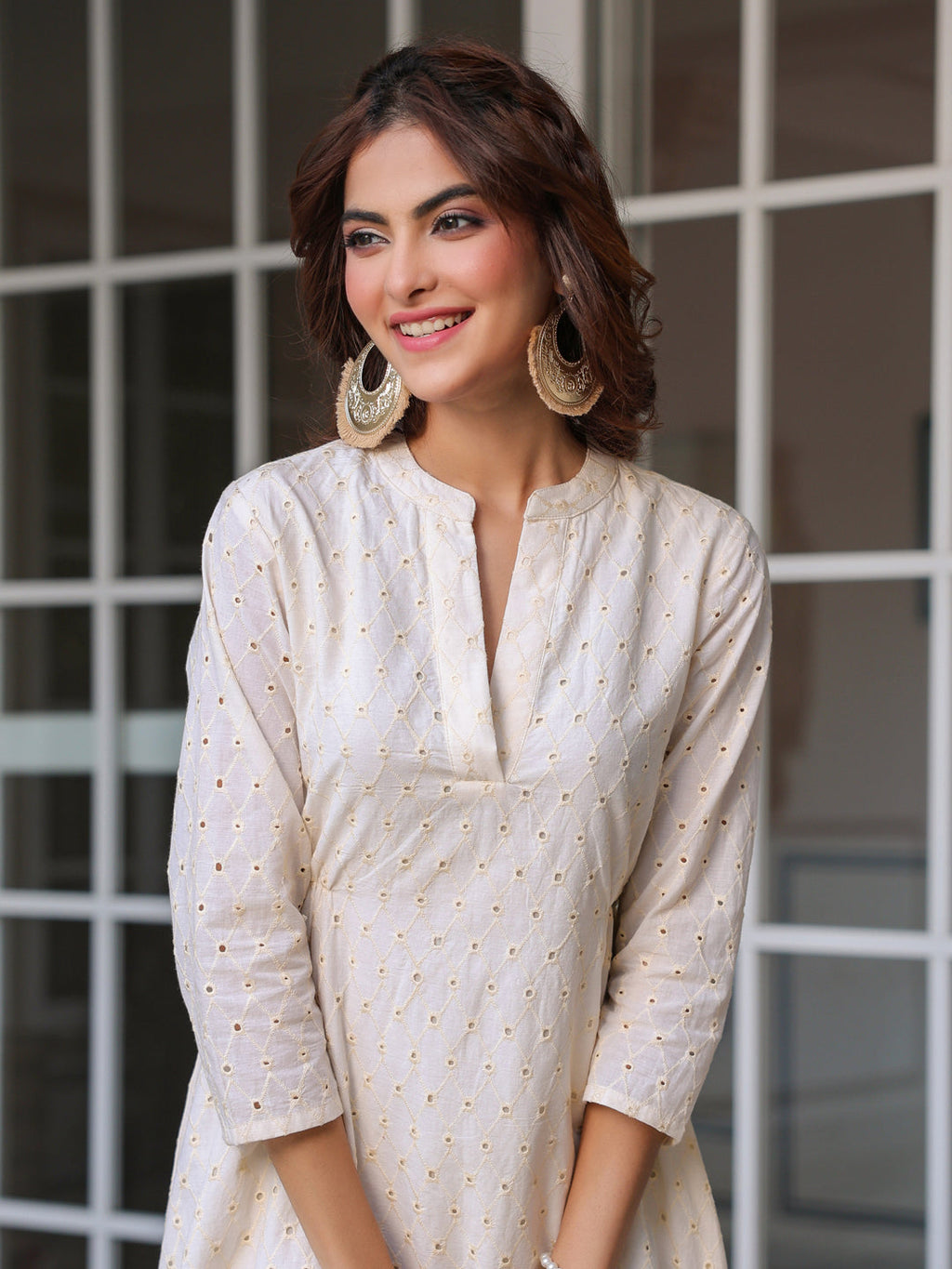 Janasya Light Cotton Schiffli A-Line Dress | Grocsy