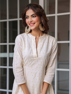 Janasya Light Cotton Schiffli A-Line Dress | Grocsy