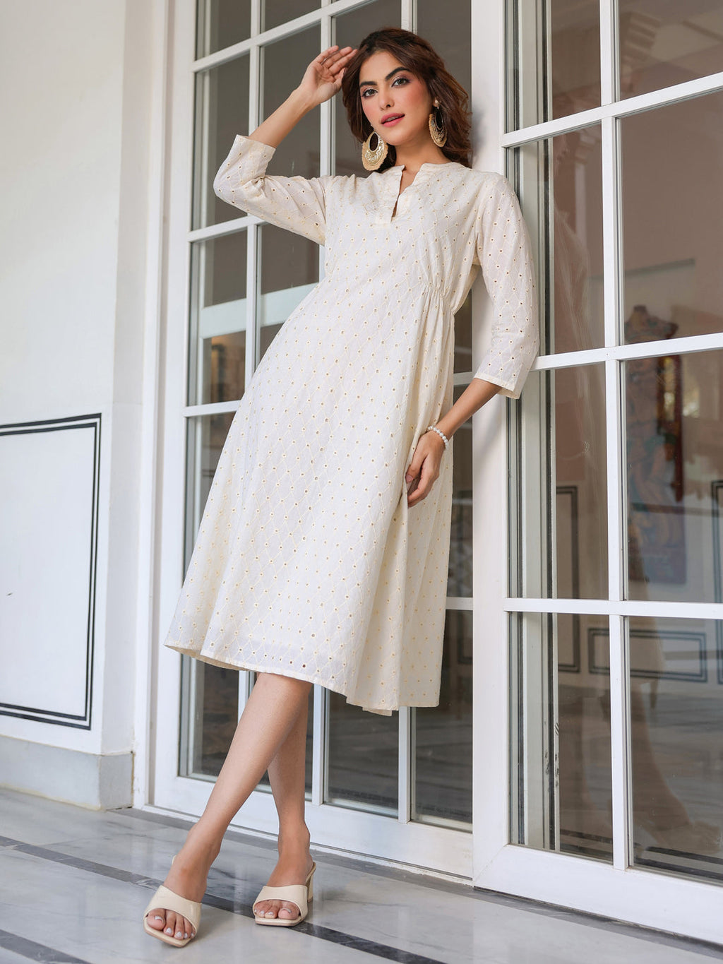 Janasya Light Cotton Schiffli A-Line Dress | Grocsy