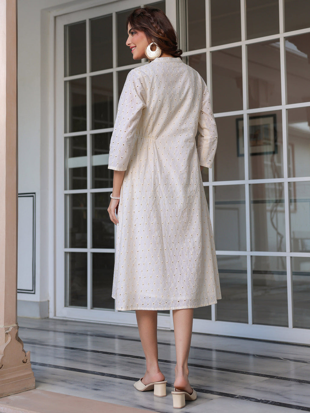 Janasya Light Cotton Schiffli A-Line Dress | Grocsy