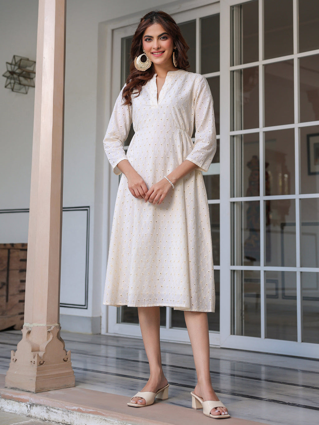 Janasya Light Cotton Schiffli A-Line Dress | Grocsy