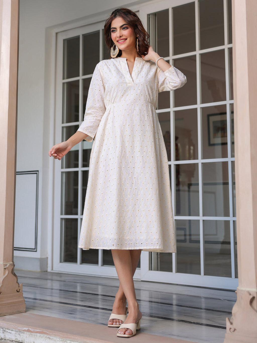 Janasya Light Cotton Schiffli A-Line Dress | Grocsy
