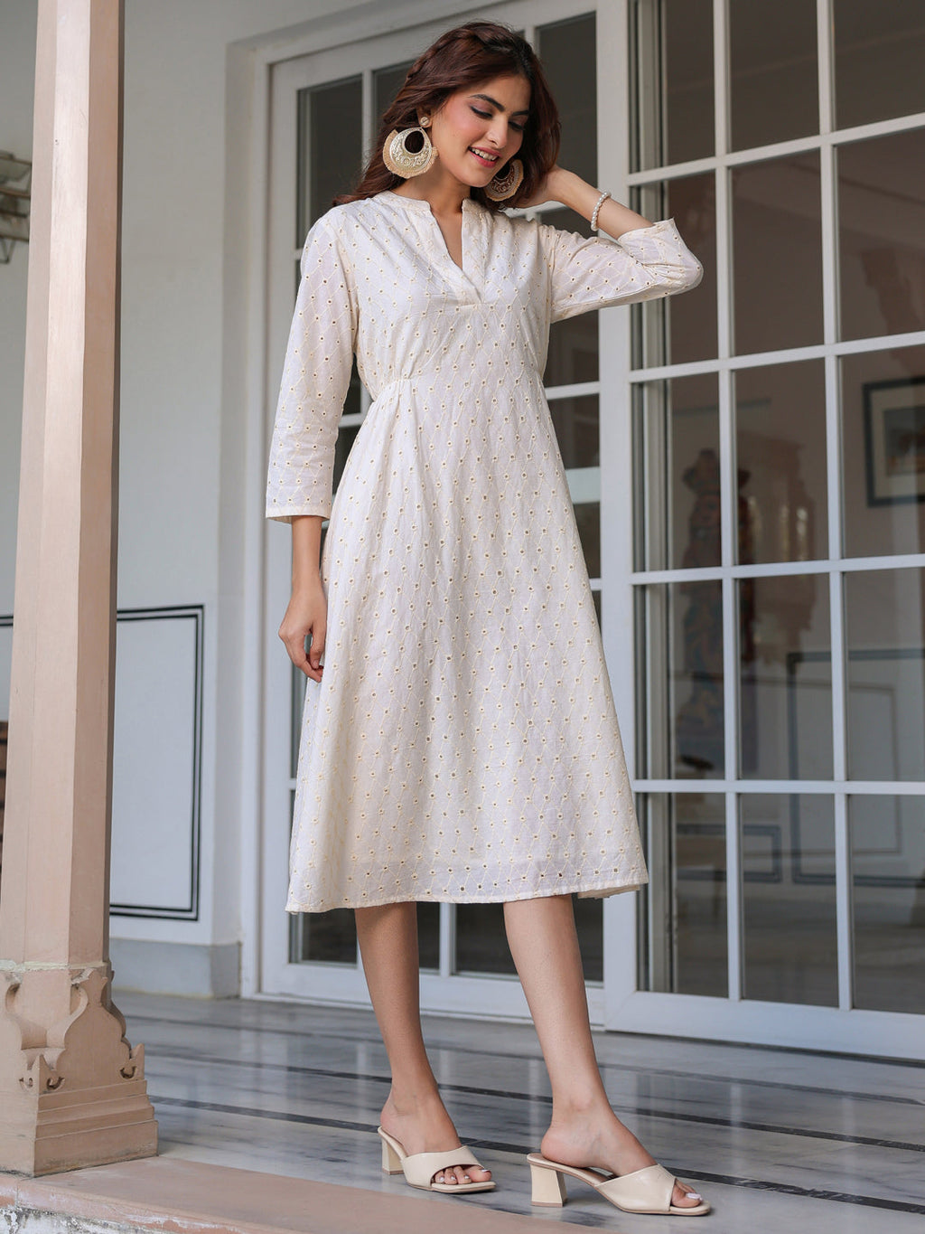 Janasya Light Cotton Schiffli A-Line Dress | Grocsy