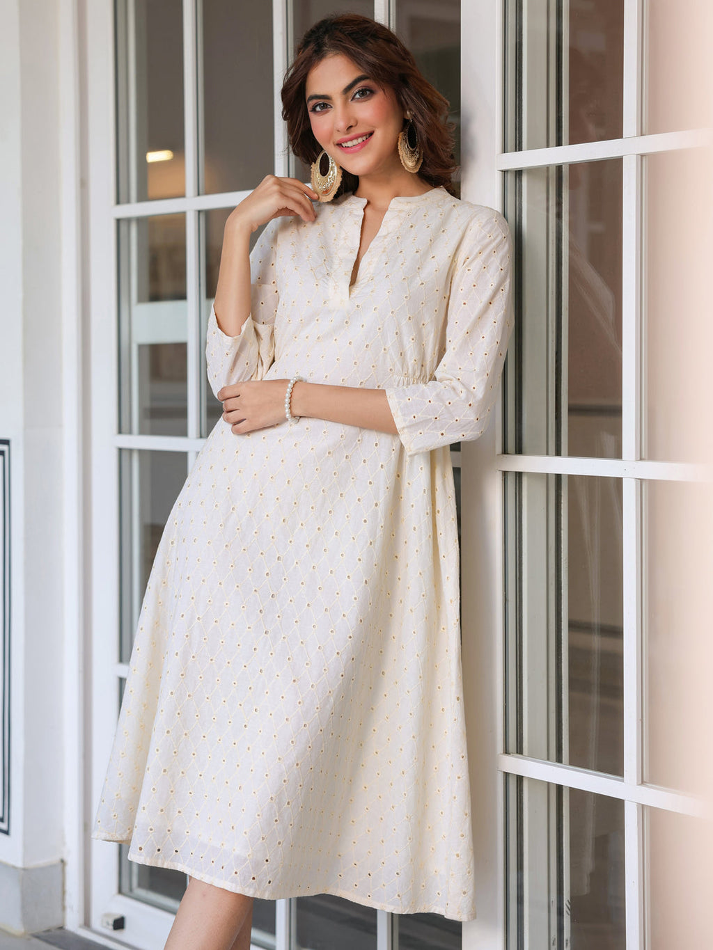 Janasya Light Cotton Schiffli A-Line Dress | Grocsy