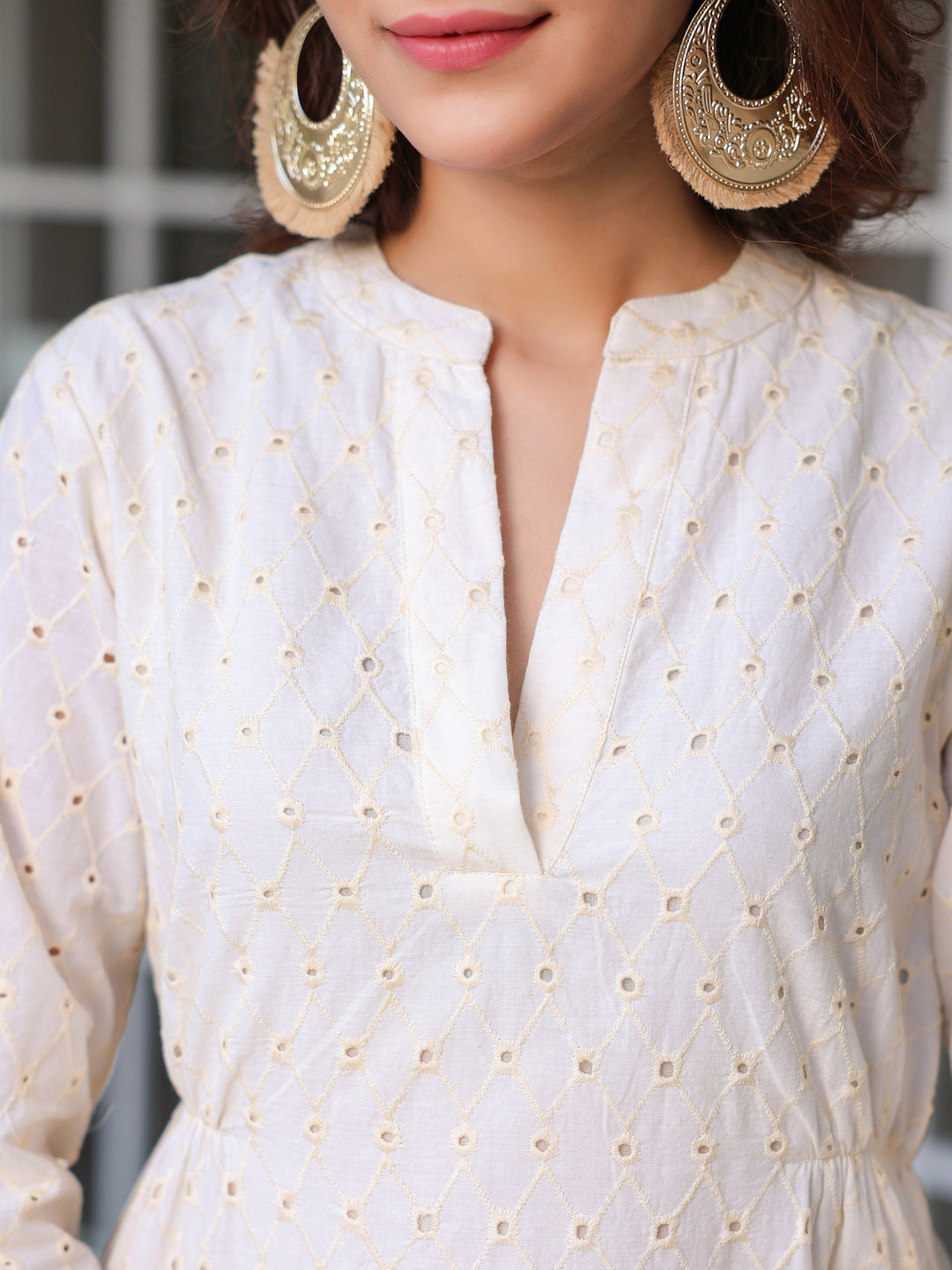 Janasya Light Cotton Schiffli A-Line Dress | Grocsy