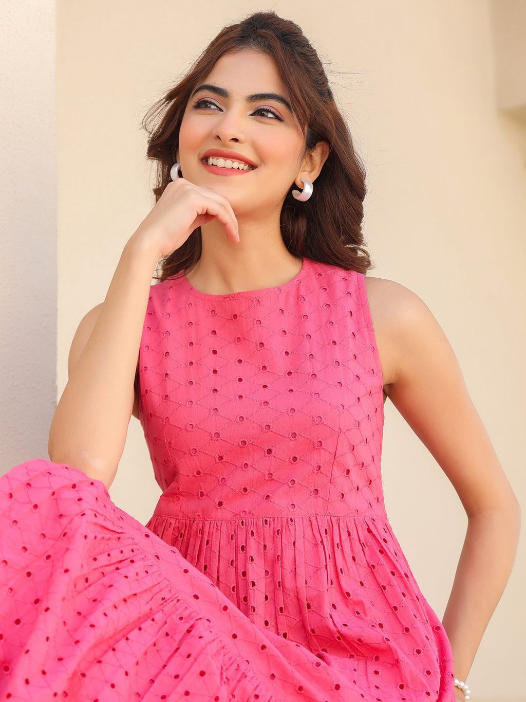Janasya Bright Cotton Schiffli Fit & Flare Dress | Grocsy