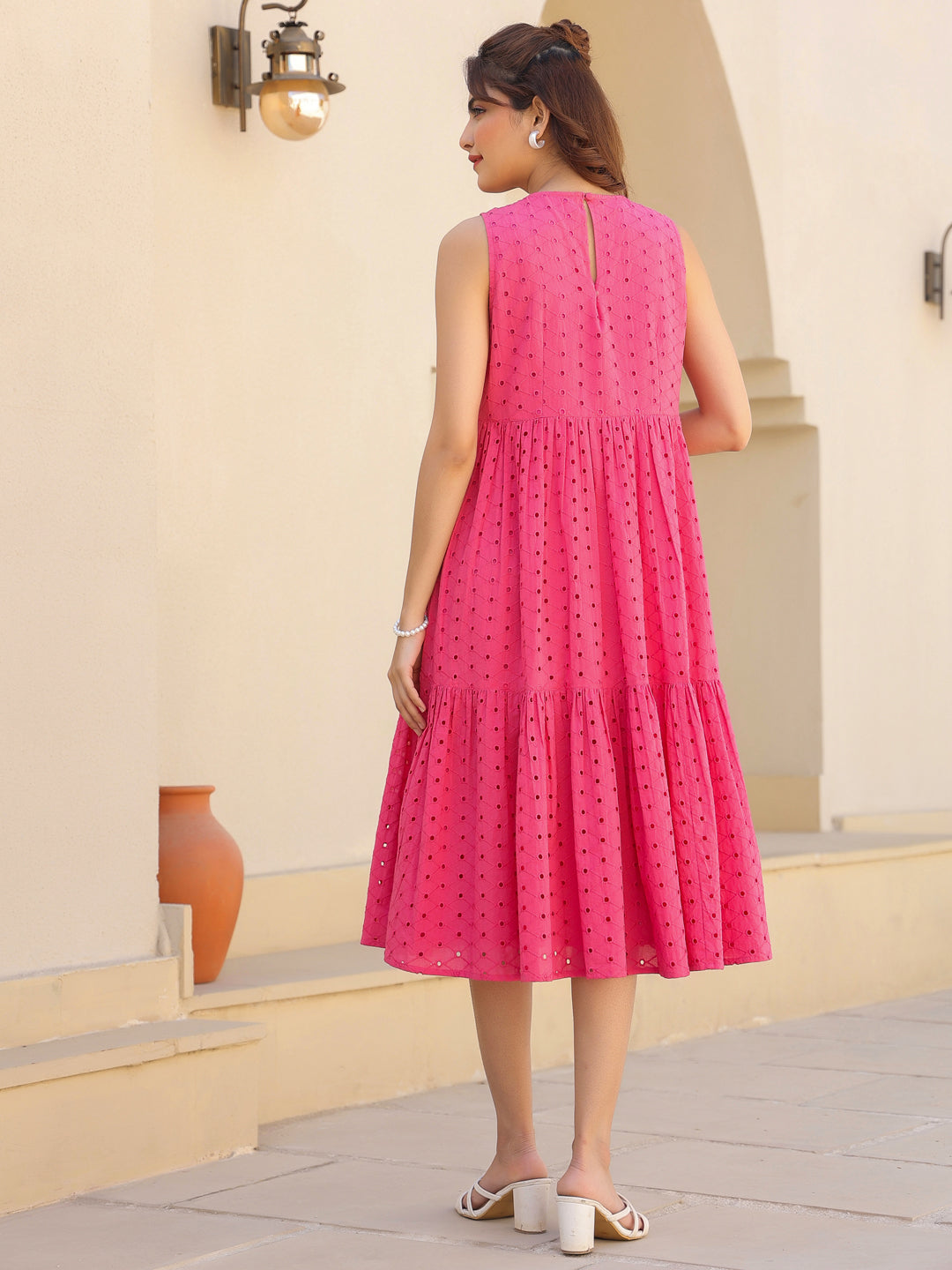Janasya Bright Cotton Schiffli Fit & Flare Dress | Grocsy