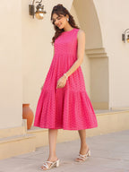 Janasya Bright Cotton Schiffli Fit & Flare Dress | Grocsy