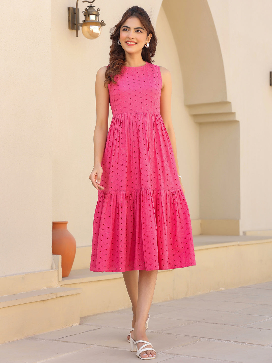 Janasya Bright Cotton Schiffli Fit & Flare Dress | Grocsy