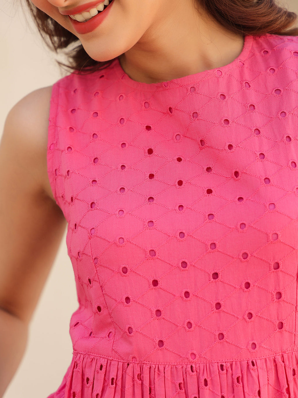 Janasya Bright Cotton Schiffli Fit & Flare Dress | Grocsy