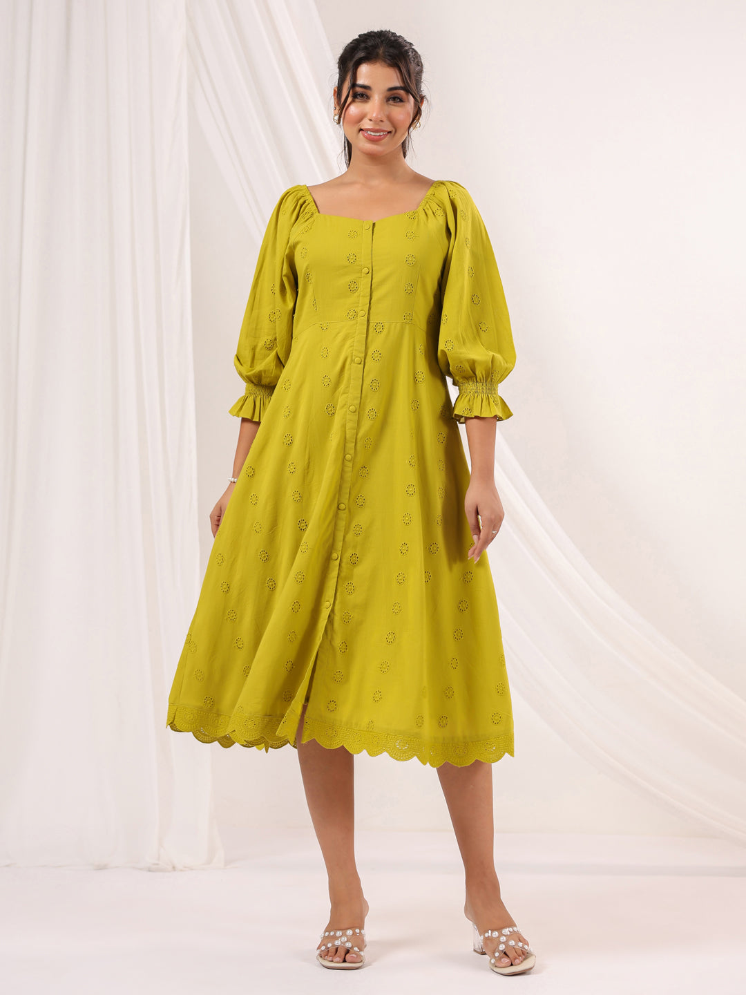 Janasya Dark Cotton Schiffli A-Line Dress | Grocsy