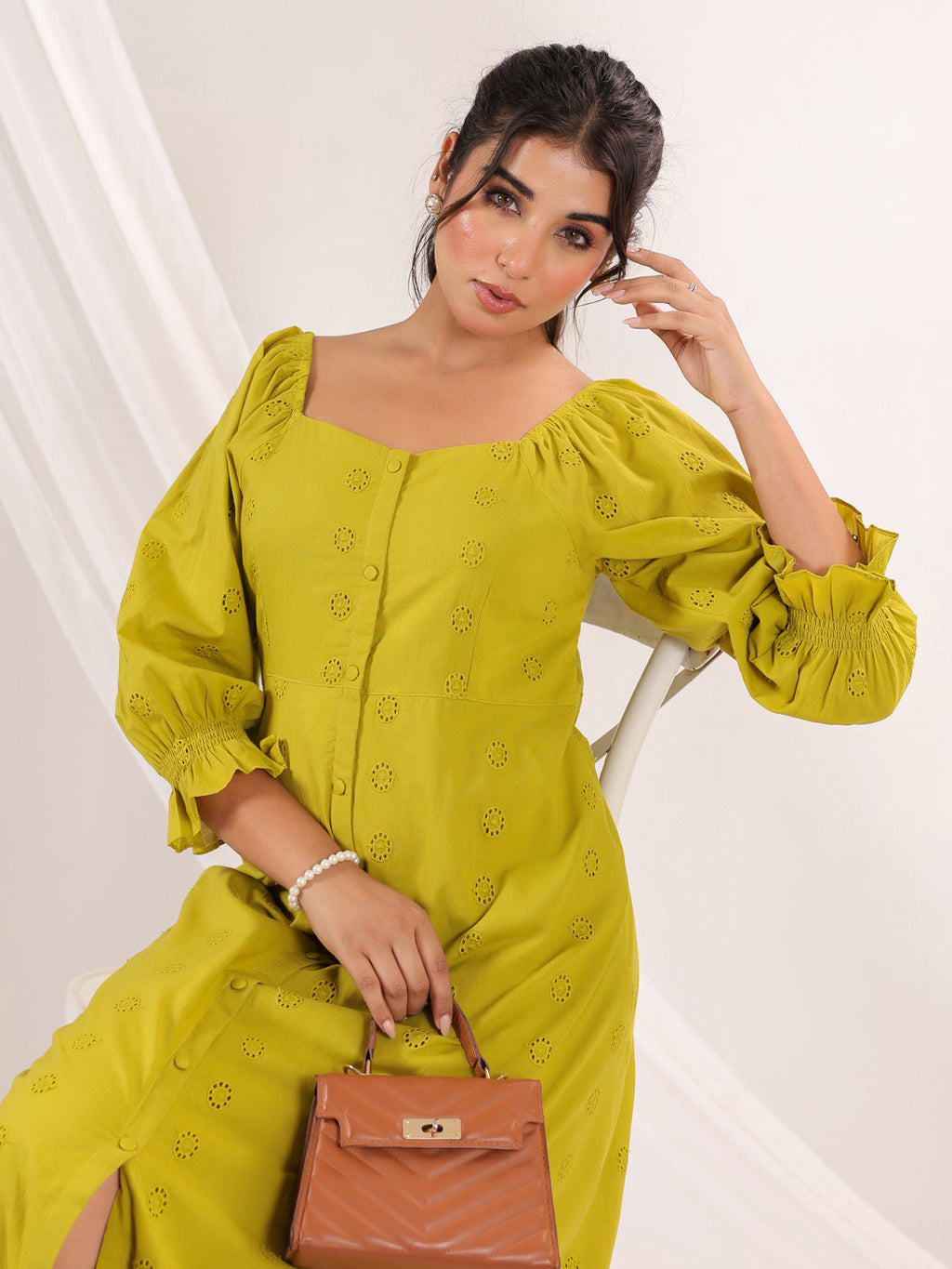 Janasya Dark Cotton Schiffli A-Line Dress | Grocsy
