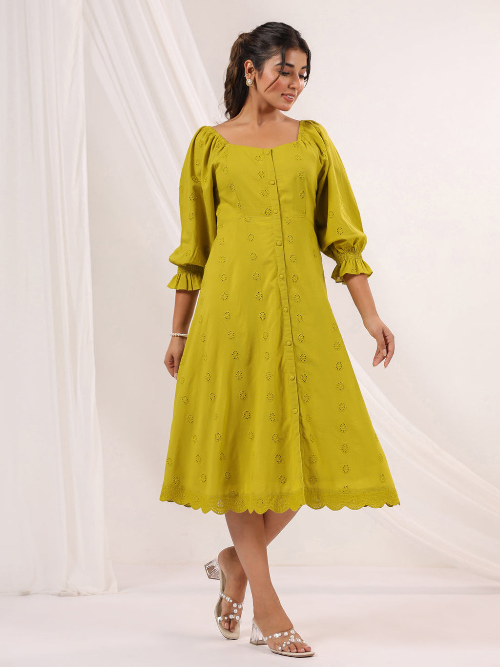 Janasya Dark Cotton Schiffli A-Line Dress | Grocsy