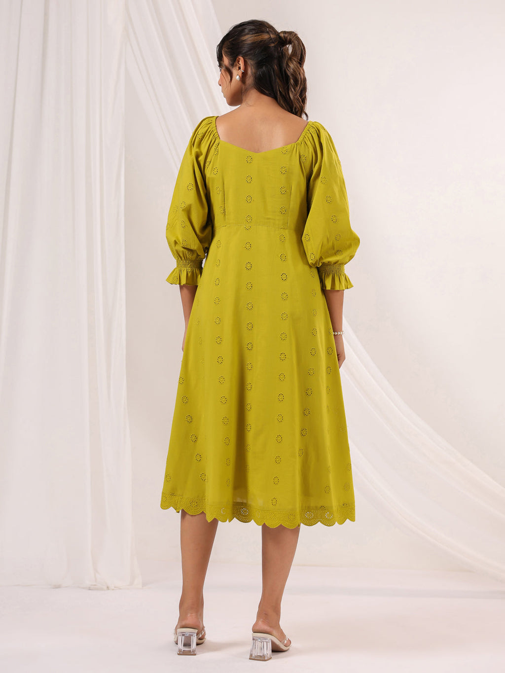 Janasya Dark Cotton Schiffli A-Line Dress | Grocsy