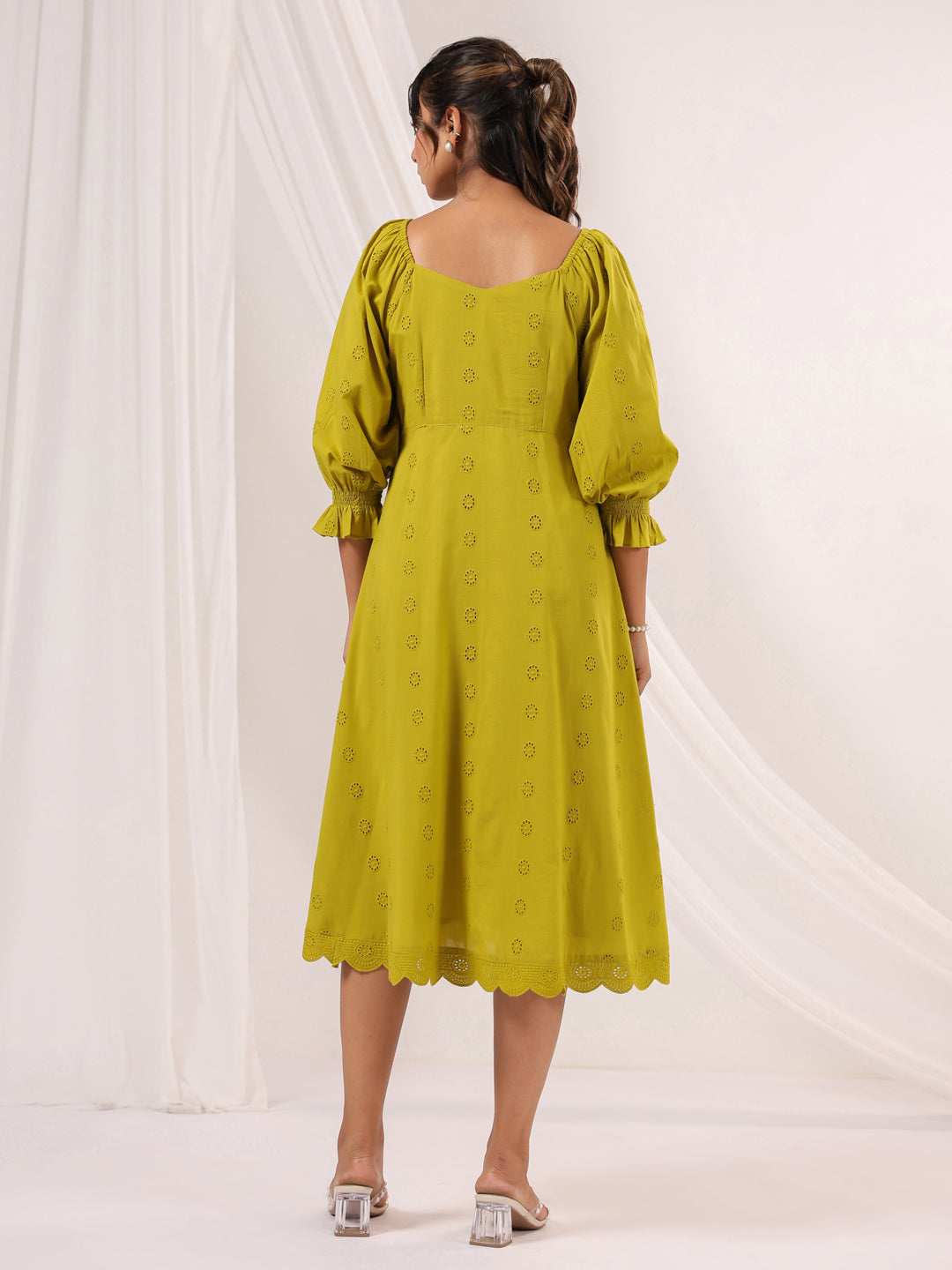 Janasya Dark Cotton Schiffli A-Line Dress | Grocsy
