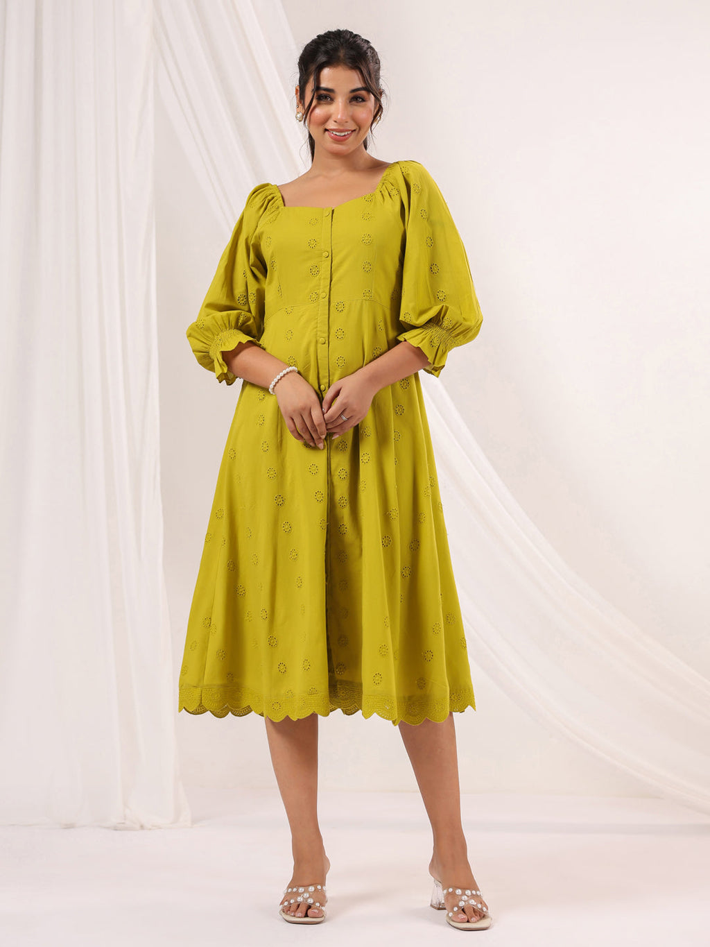 Janasya Dark Cotton Schiffli A-Line Dress | Grocsy