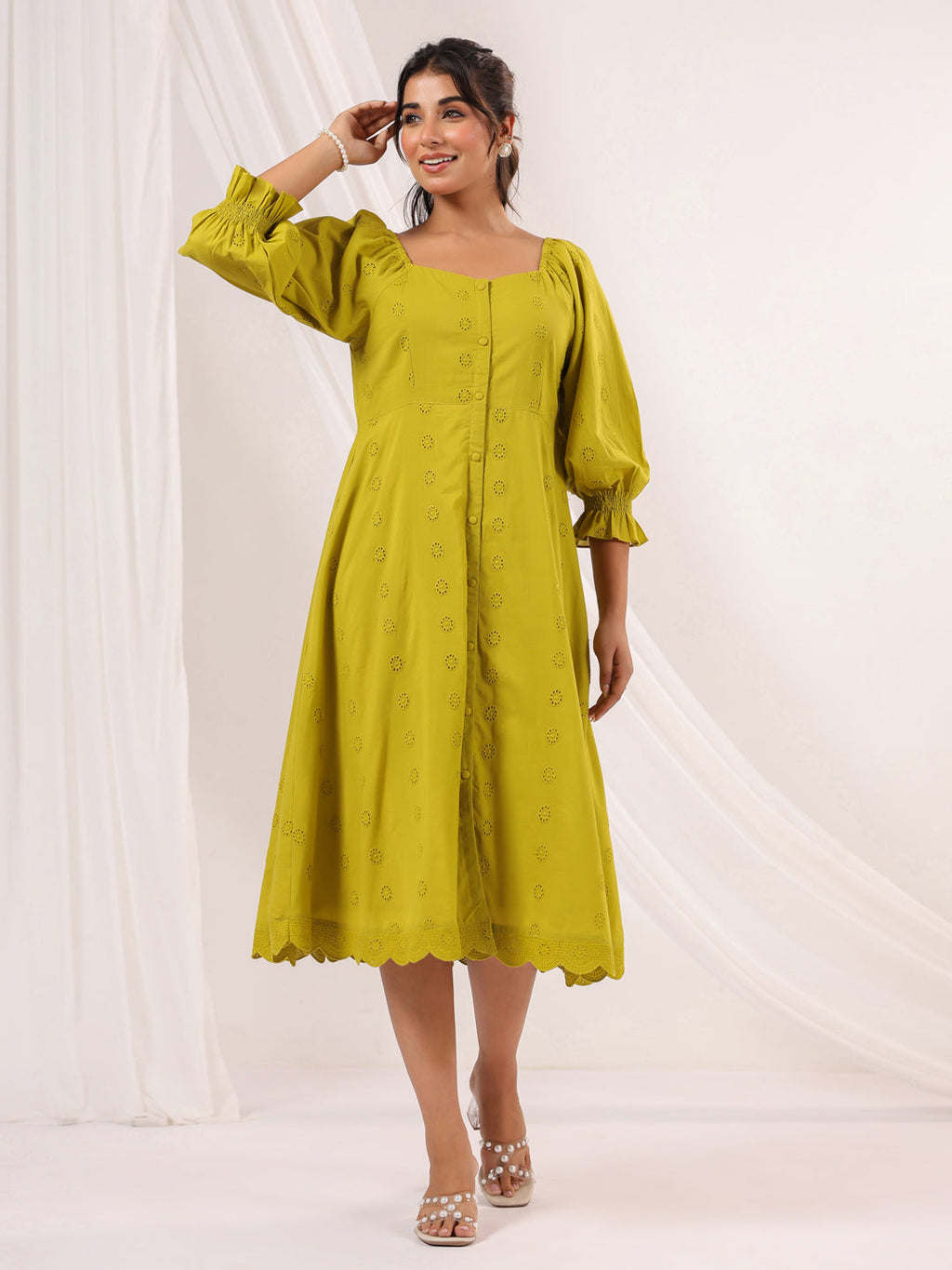 Janasya Dark Cotton Schiffli A-Line Dress | Grocsy