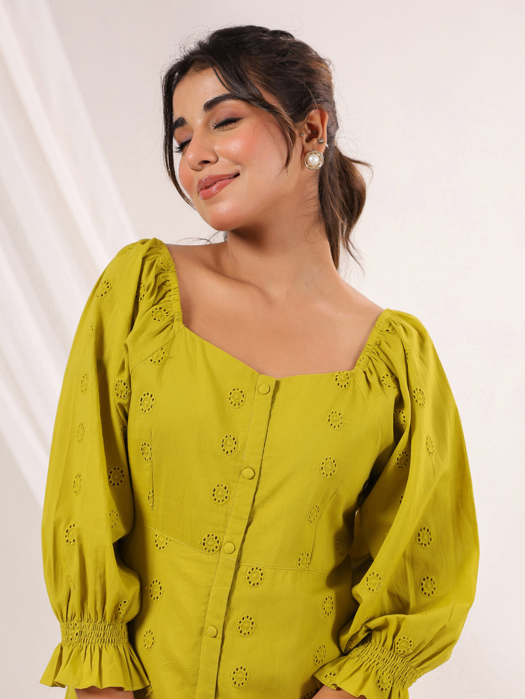 Janasya Dark Cotton Schiffli A-Line Dress | Grocsy
