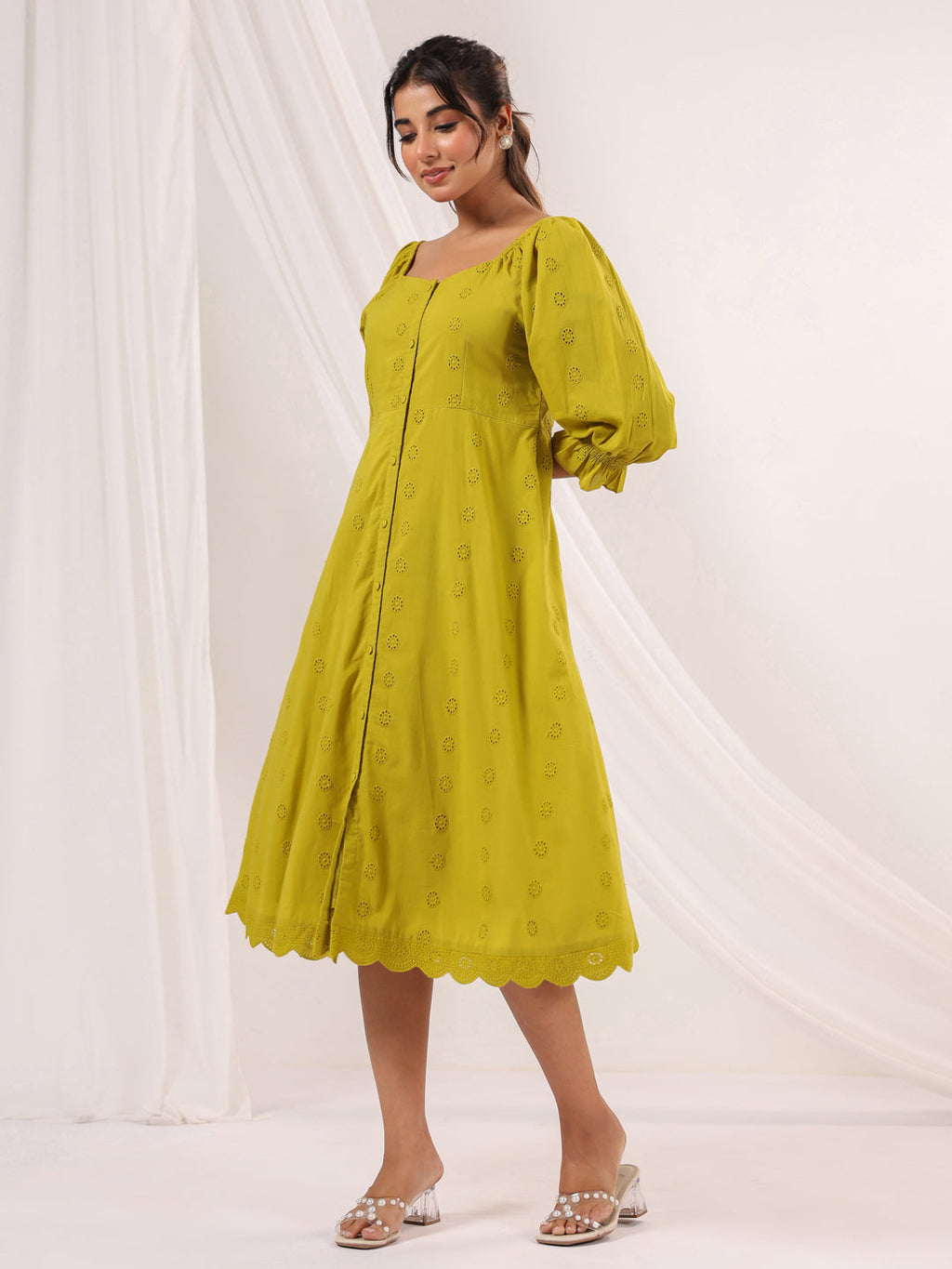 Janasya Dark Cotton Schiffli A-Line Dress | Grocsy