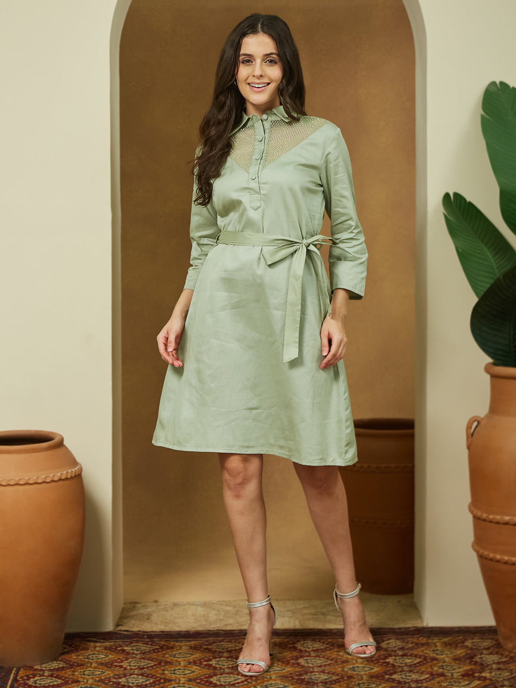 Janasya Light Cotton Yoke Design A-Line Dress | Grocsy