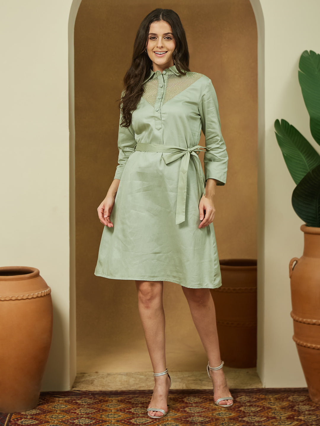Janasya Light Cotton Yoke Design A-Line Dress | Grocsy