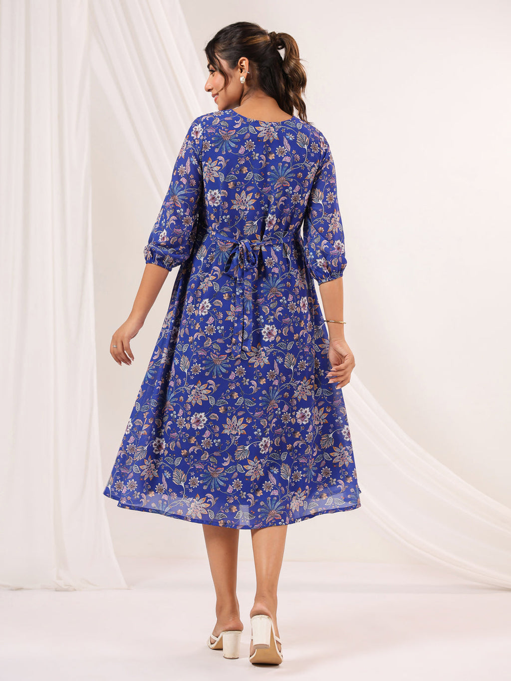 Janasya Dark Georgette Floral A-Line Dress | Grocsy