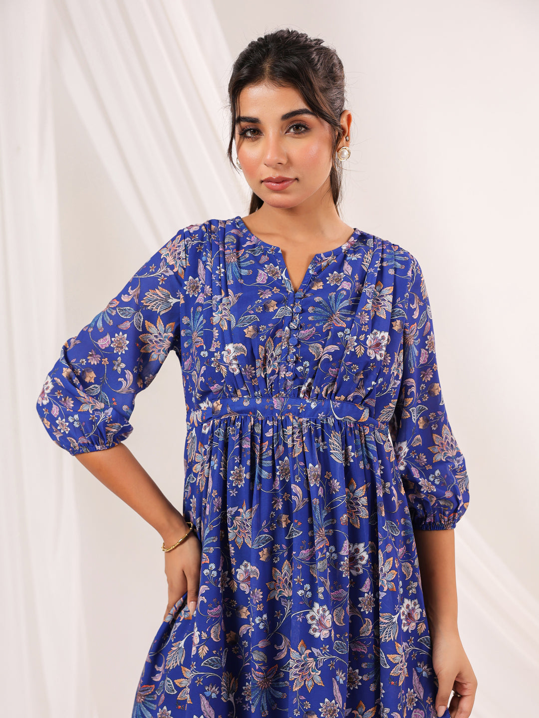 Janasya Dark Georgette Floral A-Line Dress | Grocsy