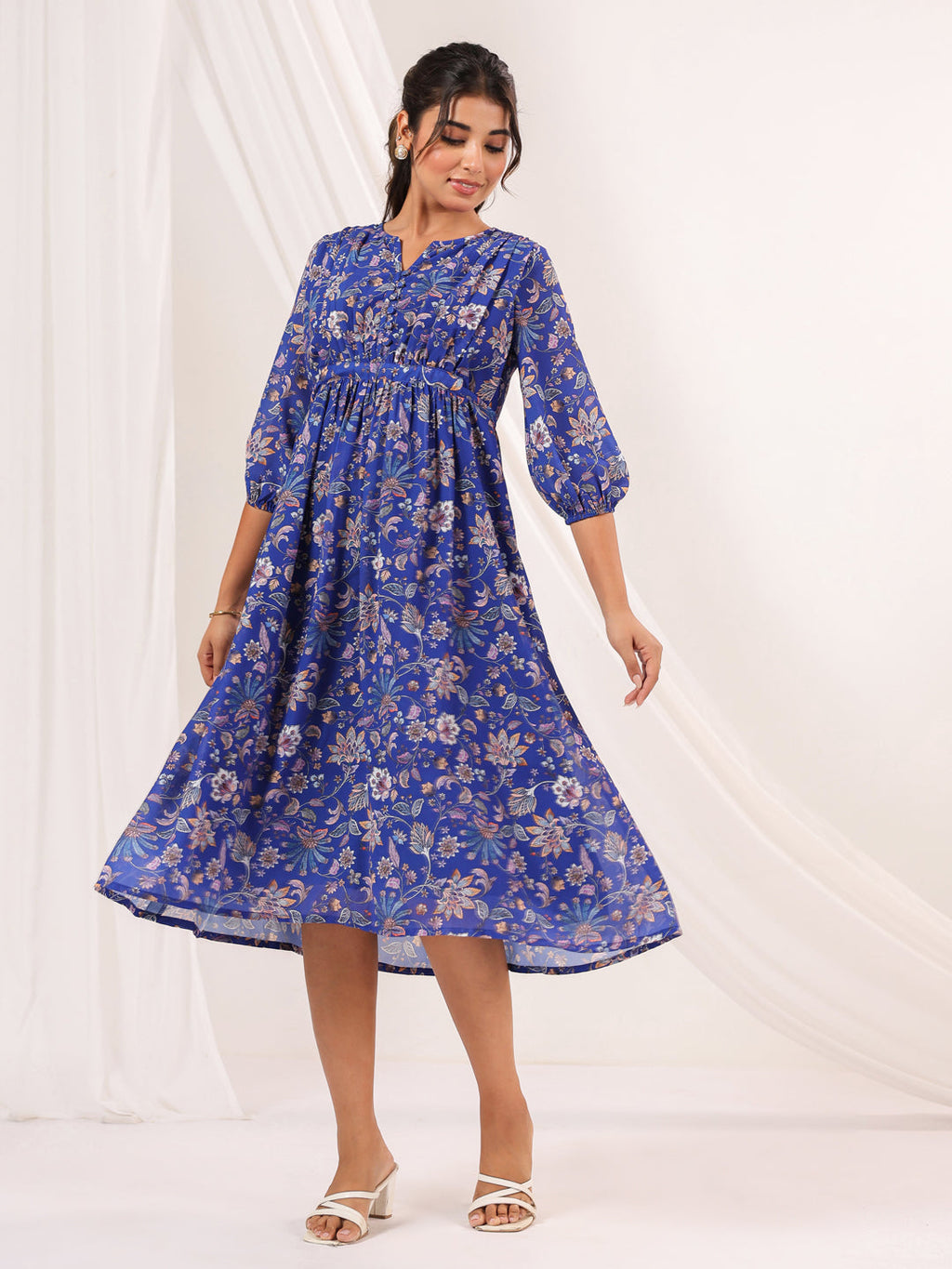Janasya Dark Georgette Floral A-Line Dress | Grocsy