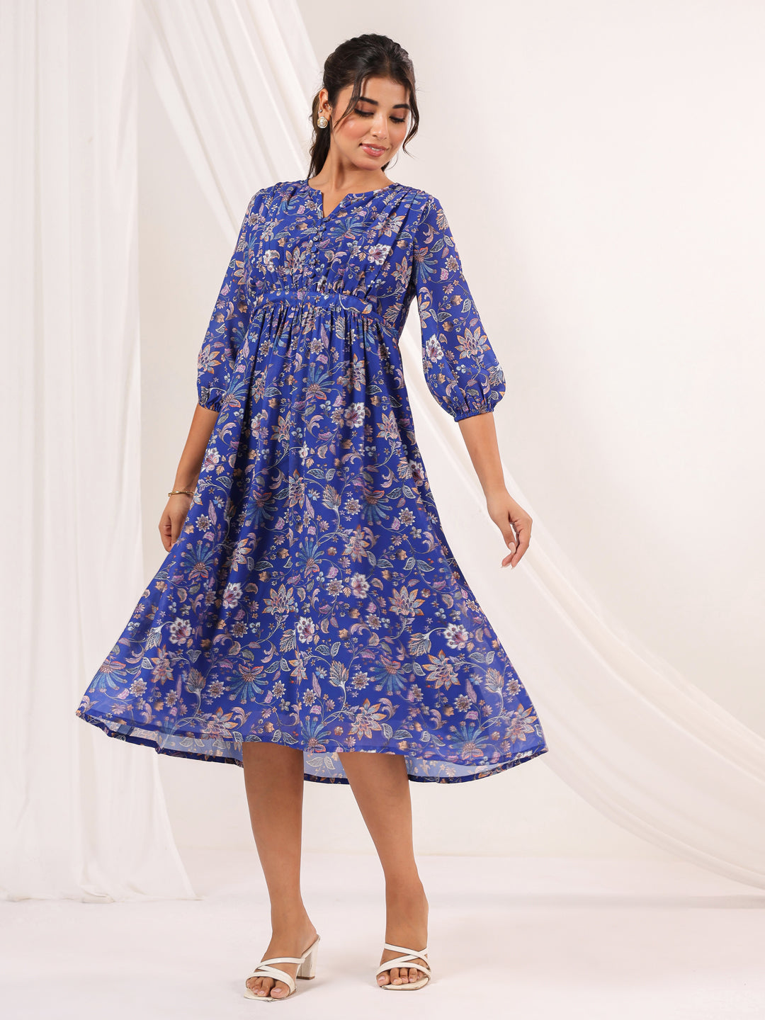 Janasya Dark Georgette Floral A-Line Dress | Grocsy