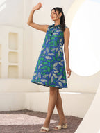 Janasya Dark Cotton Tropical A-Line Dress | Grocsy