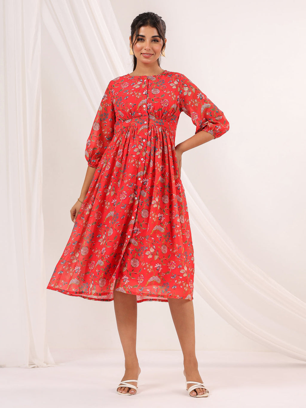 Janasya Bright Georgette Floral Gathered Dress | Grocsy