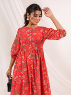 Janasya Bright Georgette Floral Gathered Dress | Grocsy