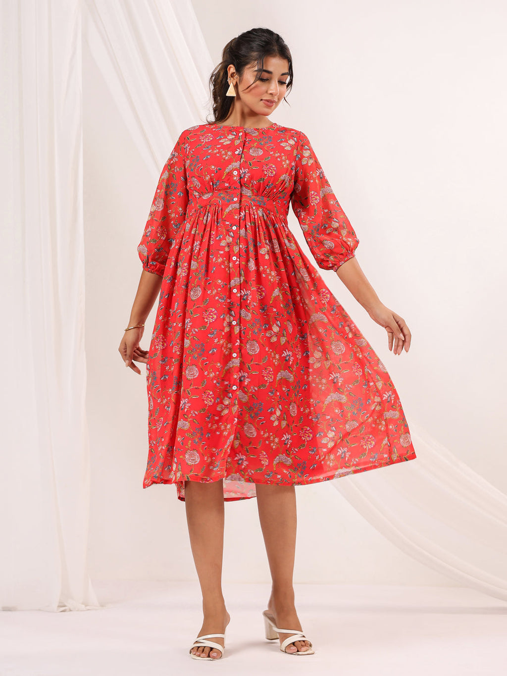 Janasya Bright Georgette Floral Gathered Dress | Grocsy