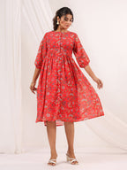 Janasya Bright Georgette Floral Gathered Dress | Grocsy