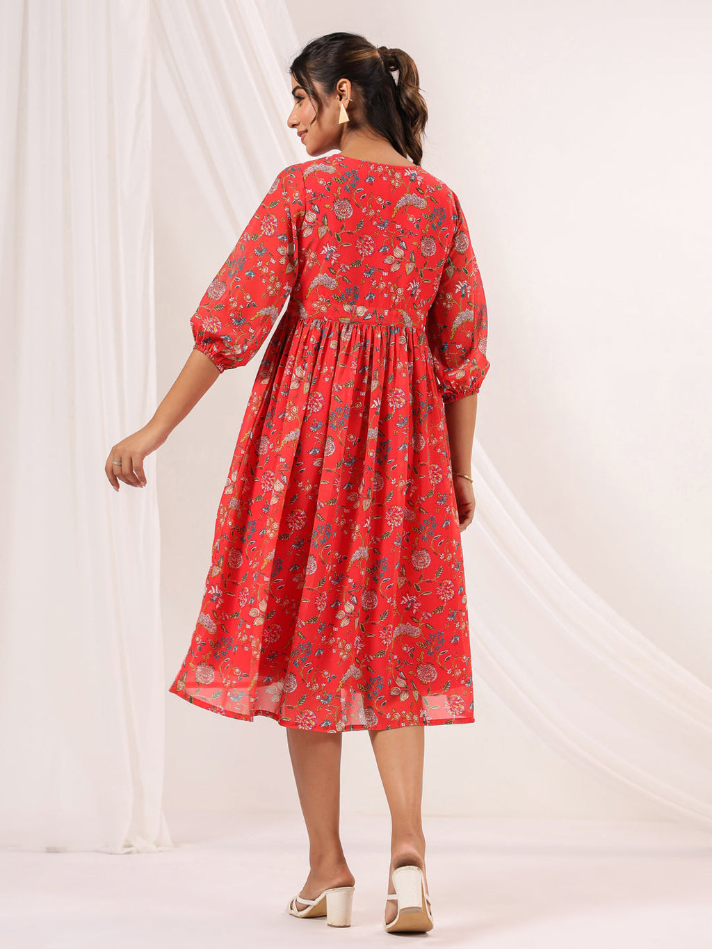 Janasya Bright Georgette Floral Gathered Dress | Grocsy